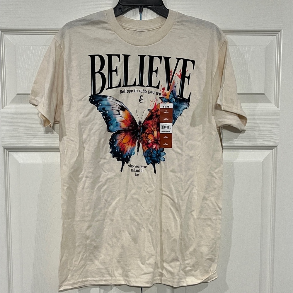 Cream T-Shirt with Colorful Butterfly Design